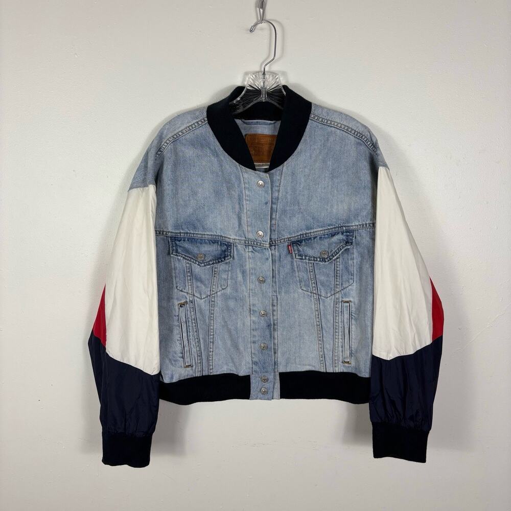 Levi’s Premium Bomber Jacket Women’s XL Denim Big E Colorblock Snap Varsity